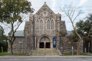 Photo of the Gothic Revival facade of Runnymede United Church in Toronto, Canada.