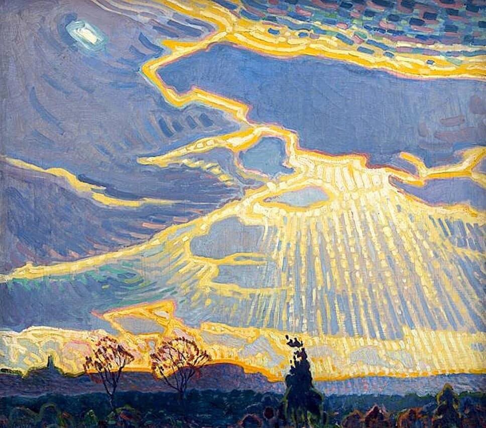 Leo Gestel painting in shades of blue and yellow showing shafts of sunlight illuminating a Dutch landscape.