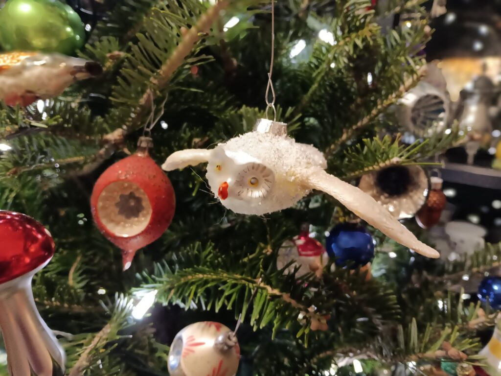 snowy owl ornament on Christmas tree