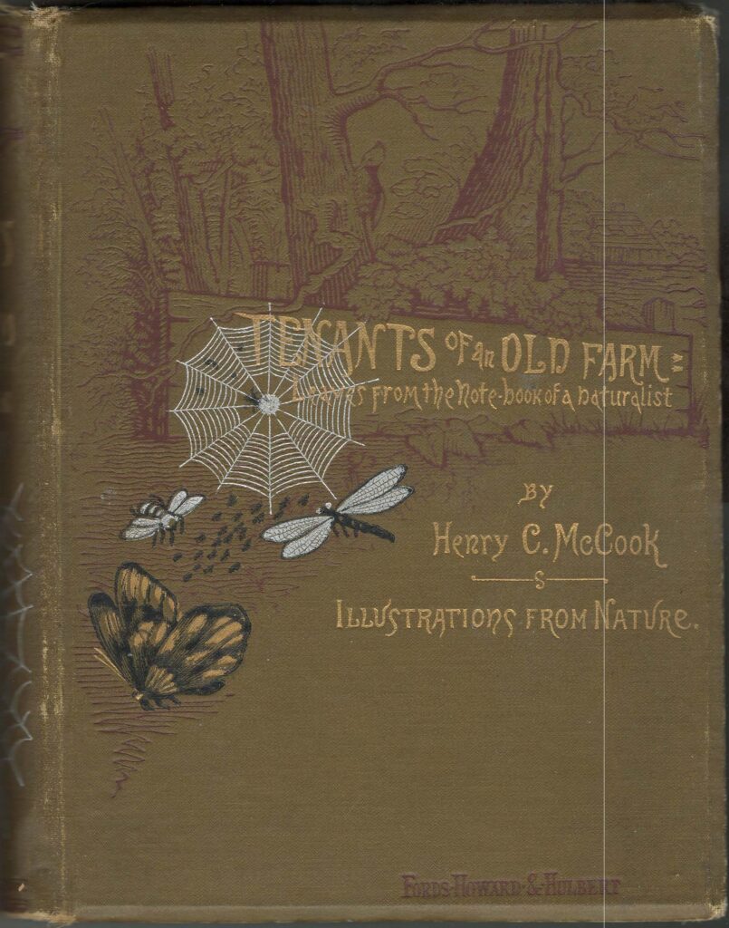 Cover of an old book titled Tenants of Old Farms. Text is gilt; illustration shows spider web and insects. 1886. 